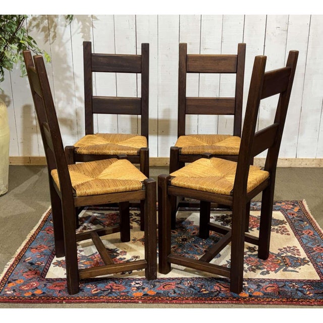 Brown Vintage Mahogany Chairs with Straw Seats, 1970s, Set of 4 For Sale - Image 8 of 9