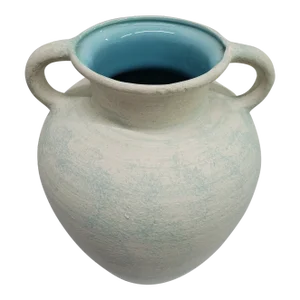 Vintage Haeger Pottery White & Aqua Textured Handled Floor Vase/jug
