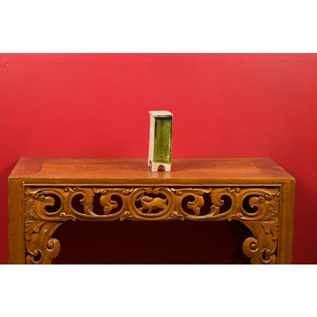 Olive Early 21st Century Chinese Ming Dynasty Period Green Glazed Miniature Armoire with Bracket Feet For Sale - Image 8 of 13