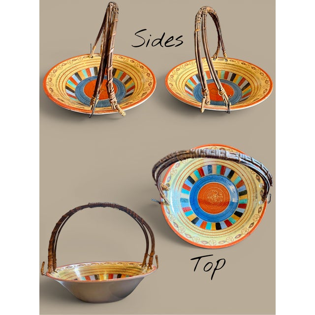 Orange Vintage Chikaramachi 1000 Faces Porcelain Basket-Noritake Japan-Rattan Handle For Sale - Image 8 of 11