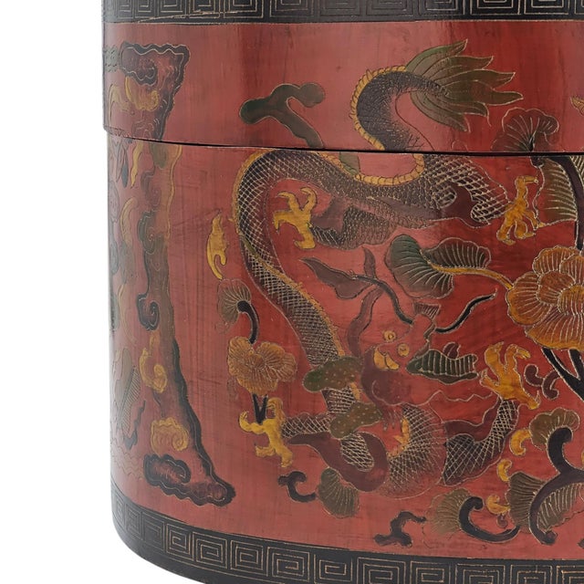Chinese Lacquer Wedding Hat Box With Dragon & Phoenix Motif (18") For Sale - Image 4 of 11