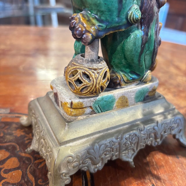 Antique Fo Dog Candleholders in Majolica and Bronze, 1800, Set of 2 For Sale - Image 12 of 15
