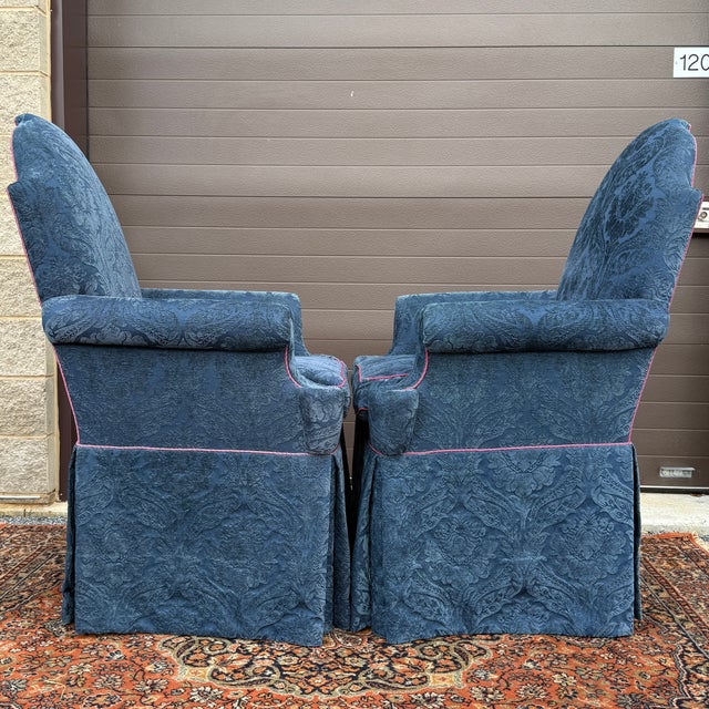 Vintage Baker Furniture William and Mary Walnut, Blue Damask Custom Built High Seat Throne Lounge Chairs - A Pair For Sale - Image 13 of 18