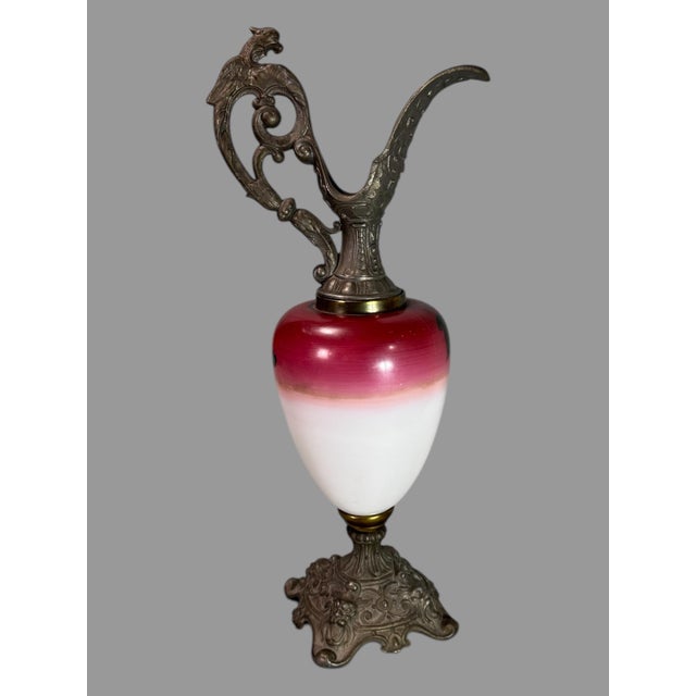 Antique Victorian Ornate Cast Metal & Floral Hand Painted Art Glass Ewer For Sale - Image 4 of 7
