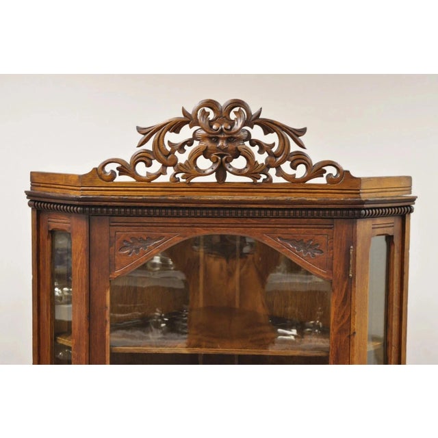 Early 20th Century Antique Victorian Renaissance Oak Glass Door Carved Curio Corner China Cabinet For Sale - Image 5 of 12