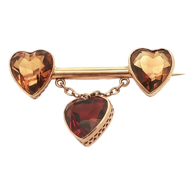 1920 Art Deco Austrian 14k Yellow Gold Citrine Heart Bar Pin/Brooch For Sale