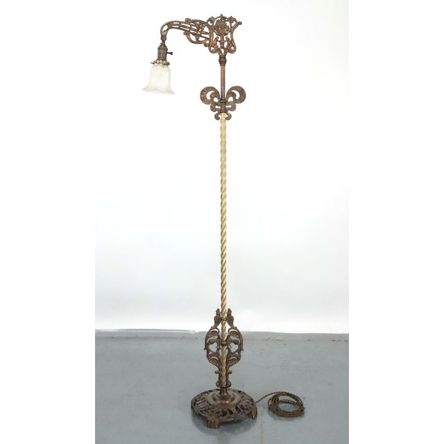 Mid 20th Century Art Nouveau Cast Iron Bridge Ruffled Glass Shade Floor Lamp For Sale - Image 4 of 12