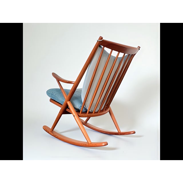 Mid-Century Modern Teak Rocking Chair with Mohair Velvet Cover in Ice Blue by Frank Reenskaug for Bramin, Denmark, 1960s For Sale - Image 3 of 17