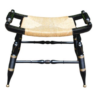 Vintage Hitchcock Style Black and Gold Rush Seat Vanity Bench Stool Entry Bench For Sale