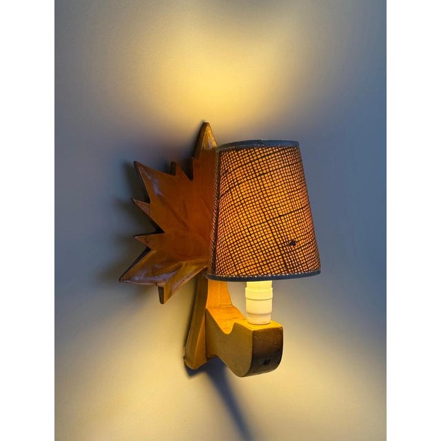 Swedish Hand-Carved Maple Leaf Wall Lamp with Sisal Shade, 1950s For Sale - Image 10 of 13
