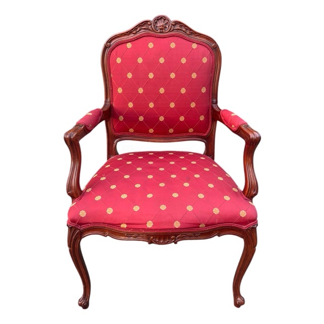Ethan Allen French Louis XV Style Carved Cherry Armchair in Red & Gold For Sale