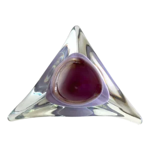 Vintage Mid Century Modernist Salviati Murano Art Glass Lavender Purple Gold Leaf Flecks Sommmerso Large Triangle Centerpiece Bowl