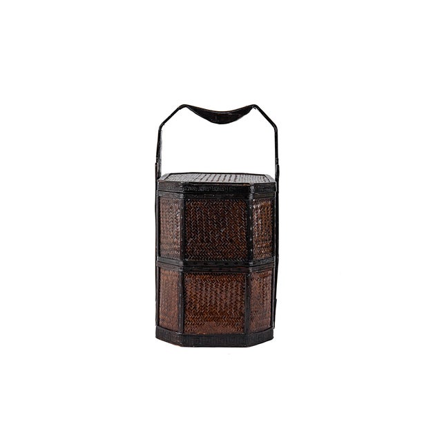 Antique 2 Two Tiered Chinese Wedding Basket in Dark Wood & Bamboo Rattan For Sale In Tulsa - Image 6 of 12