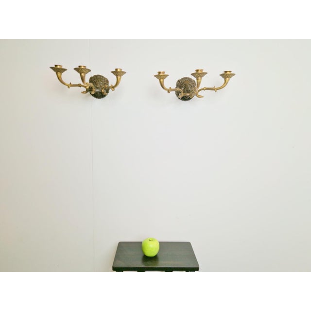 Gold 20th Century French Bronze & Brass Wall Sconces with Lion Heads, Set of 2 For Sale - Image 8 of 14
