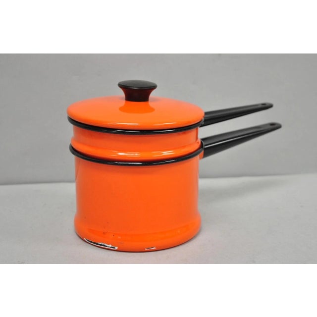 Metal Vintage Enamel Orange & Black Metal Double Boiler Nesting Pot W/ Lid For Sale - Image 7 of 13