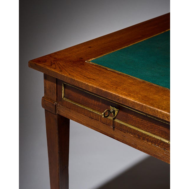 French Louis XVI Provincial Oak "Bureau Plat" With Green Leather Top For Sale - Image 9 of 9