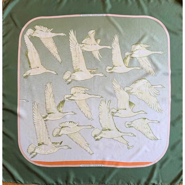 lermes Miaratory Birds 1980 Silk Scarf This charming silk scarf depicts a flock of wild ducks taking flight. It features...