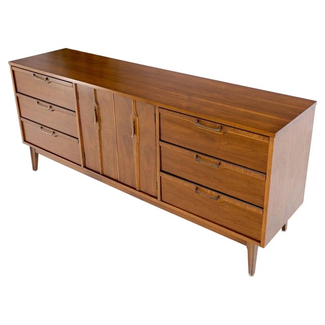Long Walnut 9 Drawers Two Doors Mid-Century Modern Dresser Credenza Burl Accents For Sale - Image 13 of 13