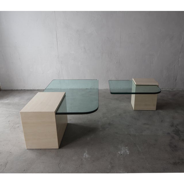 Pair of Italian Travertine and Cantilevered Glass Coffee Tables For Sale In Las Vegas - Image 6 of 11