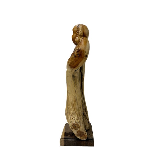 1990s Natural Cypress Wood Root Carved Artistic Happy Buddha Figure For Sale - Image 5 of 7