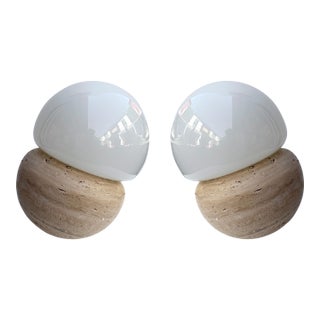 Pair of Travertine and Opaline Glass Culbuto Lamps Italy, 1980s For Sale