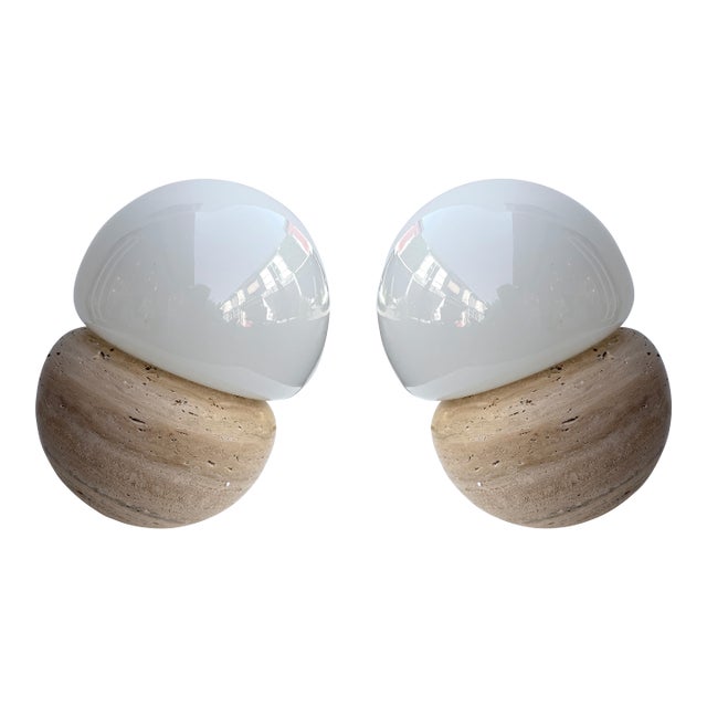 Pair of Travertine and Opaline Glass Culbuto Lamps Italy, 1980s For Sale