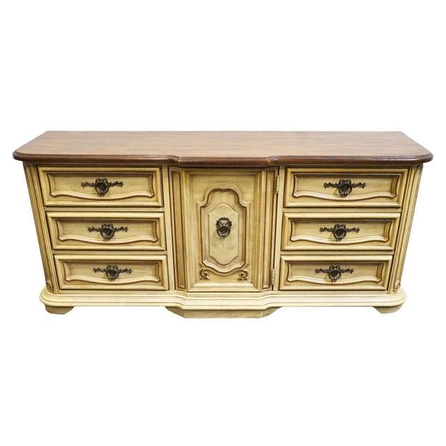 Mediterranean Stanley Furniture Solid Pecan Antiqued Yellow Cream Painted Mediterranean 73" Triple Door Dresser 4723-05 For Sale - Image 3 of 15