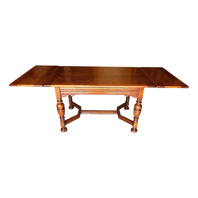 Professionally Restored 1930s Jacobean Revival (William and Mary Style) Solid Oak Draw-Leaf Dining Table For Sale