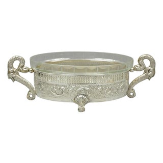 Vintage Italian Regency Silver Plated Dolphin Handle Glass Candy Dish Jardiniere For Sale