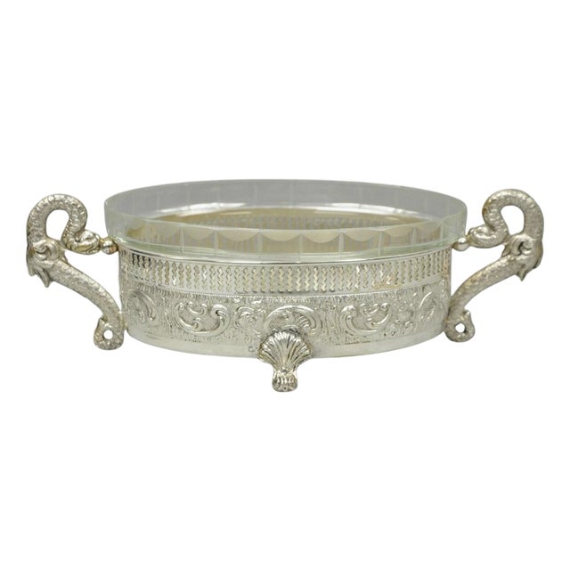 Vintage Italian Regency Silver Plated Dolphin Handle Glass Candy Dish Jardiniere For Sale