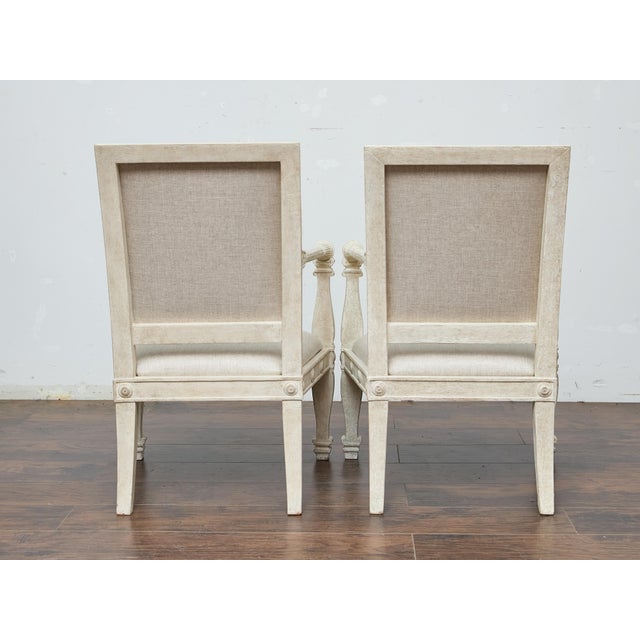 Pair of French 1920s Painted Armchairs with Carved Details and Linen Upholstery For Sale - Image 10 of 11