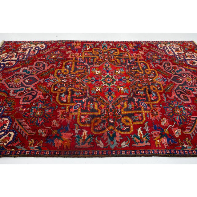 Red Red Vintage Heriz Hand-Knotted Wool Rug With Medallion Motif - 6 X 10 For Sale - Image 8 of 8