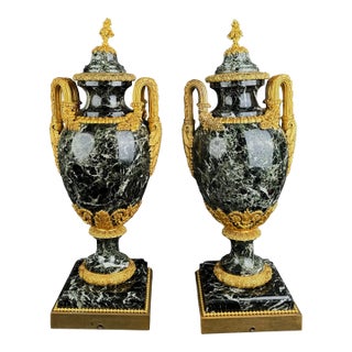 Large Pair of 19th C. Ormolu Mounted Verde Antico Marble Vases For Sale