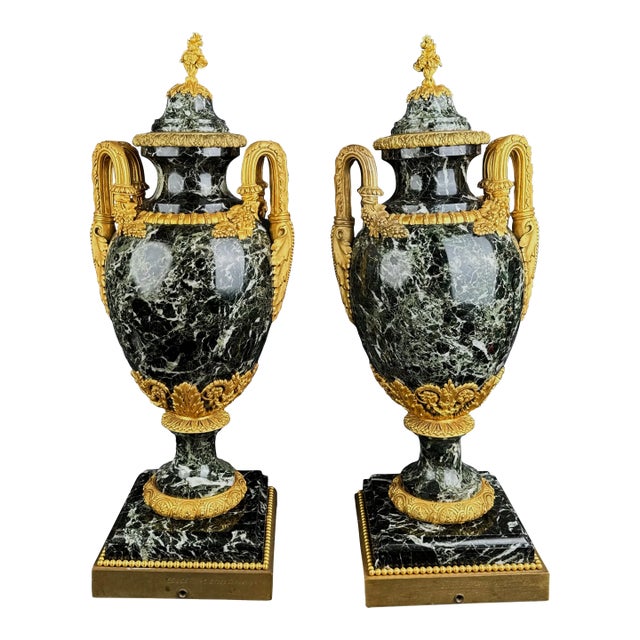 Large Pair of 19th C. Ormolu Mounted Verde Antico Marble Vases For Sale