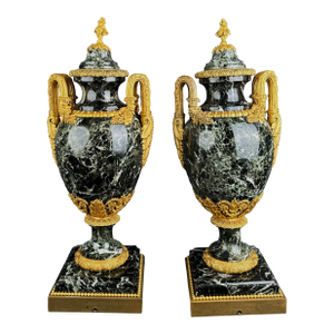 Large Pair of 19th C. Ormolu Mounted Verde Antico Marble Vases