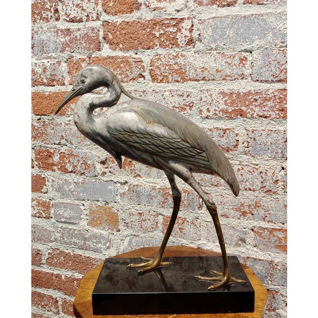 Metal Blue Heron Bird -1930s Japanese Cold Painted Metal Sculpture For Sale - Image 7 of 8
