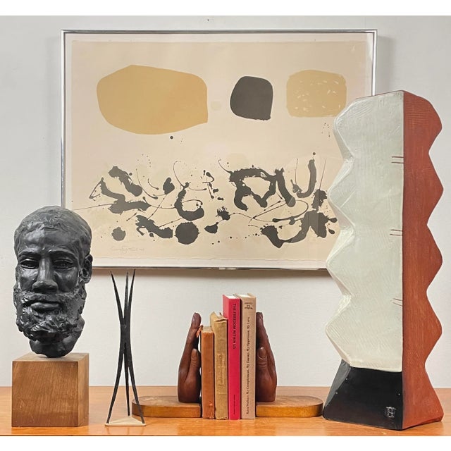 Monumental Postmodernist Black and White Glazed Terracotta Vessel. Cubist style terracotta vase with one side glazed in a...