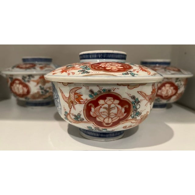 Japanese Antique Colored-Imari Rice/Soup Bowls With Lids - Rare Collection of Set of 12 For Sale - Image 3 of 18