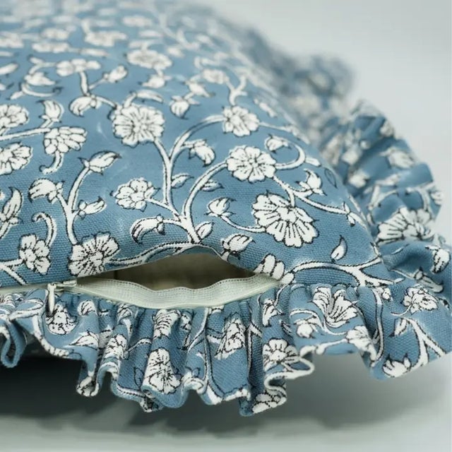 Fabdivine Handcrafted Block Print Frill Cushion Cover 18x18 Inch Thick Cotton White- Himachal For Sale - Image 4 of 5