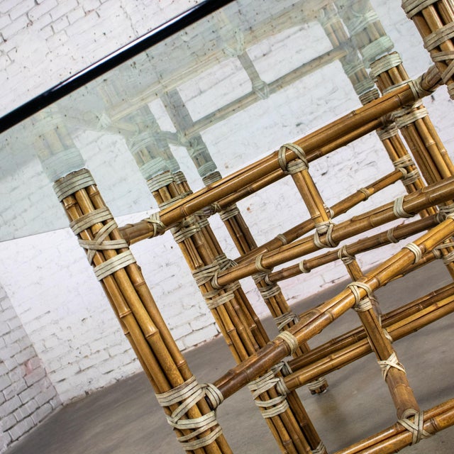 Late 20th Century Campaign Style Double Pedestal Dining Table by McGuire Bamboo Bases & Glass Top For Sale - Image 12 of 18