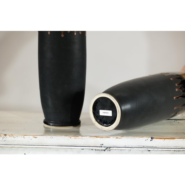 Artisan Slim Ochre and Black Ceramic Vases with Drip-Glaze Tops - A Pair For Sale - Image 12 of 18
