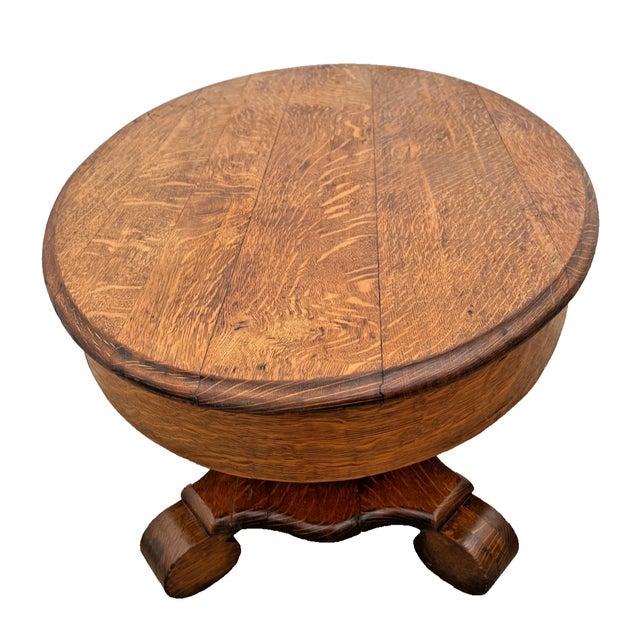 Early 20th Century Antique Oval Coffee Table, Tiger Oak, Drawer, Shelf, Petite Size, Empire Style For Sale - Image 5 of 11