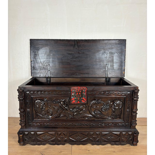 Renaissance Spanish Renaissance Carved Storage Chest with Lift Top, Late 19th Century For Sale - Image 3 of 12