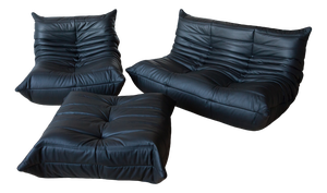 Black Leather Togo Two-Seat Sofa and Lounge Chair with Pouf by Michel Ducaroy for Ligne Roset, Set of 3