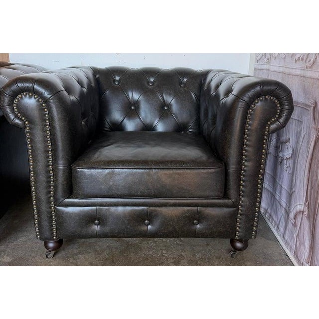 Pair of English CHesterfield Club Chairs- Tufted Armchairs For Sale - Image 16 of 18