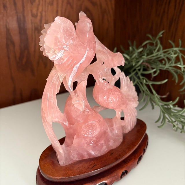Chinese Rose Quartz Carved Phoenix Like Bird Family For Sale - Image 3 of 10