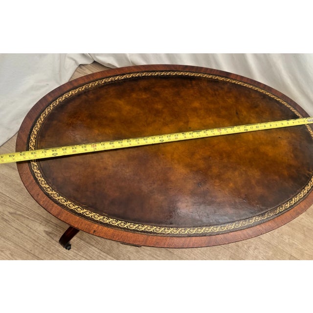 Vintage Weiman Mahogany Oval Coffee Table Brown Tooled Leather Top Federal Style For Sale - Image 12 of 14