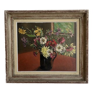 Alexis Louis Roche, Spring Bouquet in Carafe, Oil on Wood, 1950s, Framed For Sale
