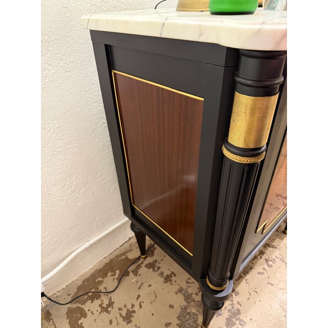 French Louis XVI Style Black Lacquered Sideboard Credenza With Marble Top and Burled Walnut For Sale - Image 16 of 17