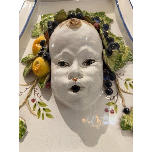 Ceramic Vintage Italian Majolica Ceramic Three-Piece Cherub Wall Fountain & Pedestal Sink Set For Sale - Image 7 of 9